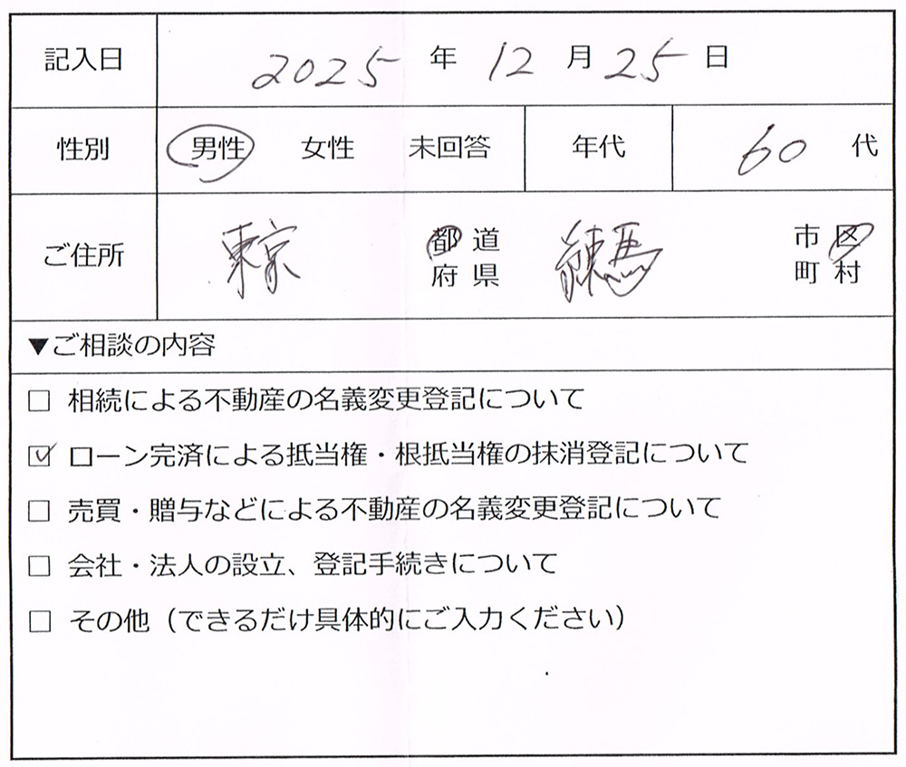 練馬区 60代男性 抵当権抹消手続きのお客様の声