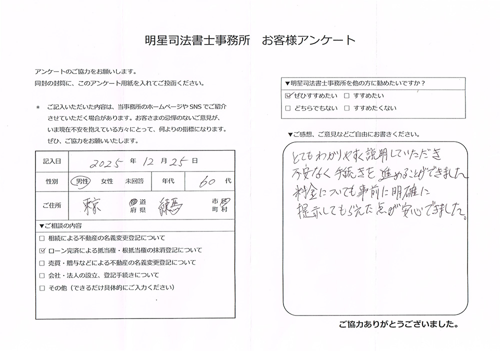 練馬区 60代男性 抵当権抹消手続きのお客様の声