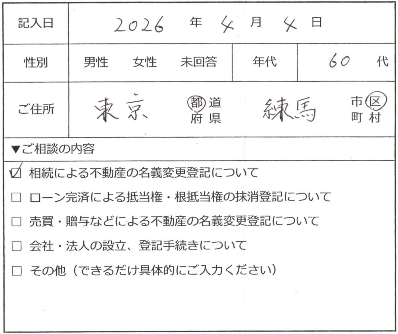 練馬区 60代女性 相続による不動産の名義変更登記のお客様の声