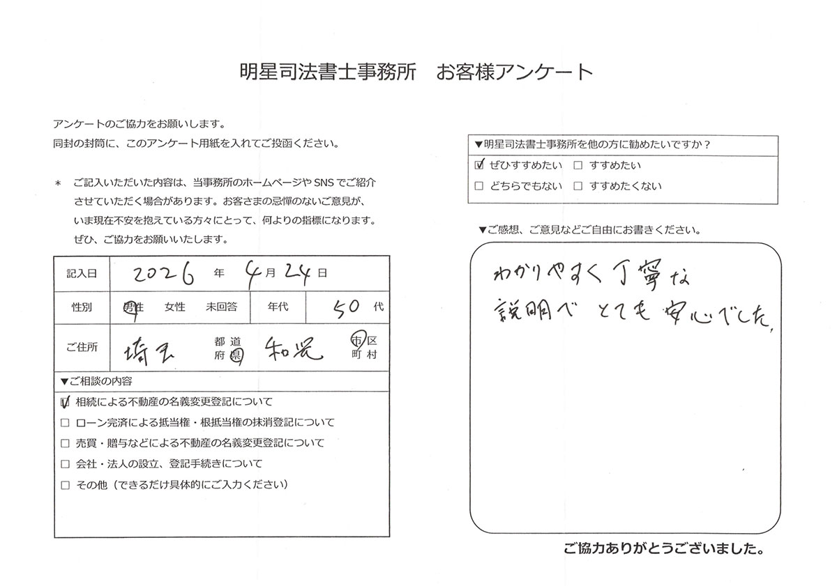和光市 50代男性 相続による不動産の名義変更登記のお客様の声